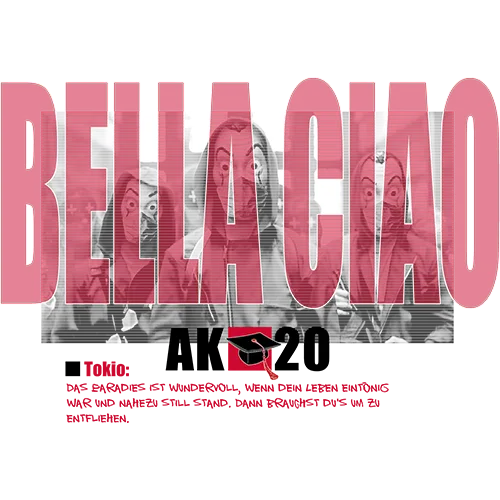 Grafisches Poster mit dem Text 'BELLA CIAO' und einer Bildcollage, darunter ein Zitat über Vernichtung.