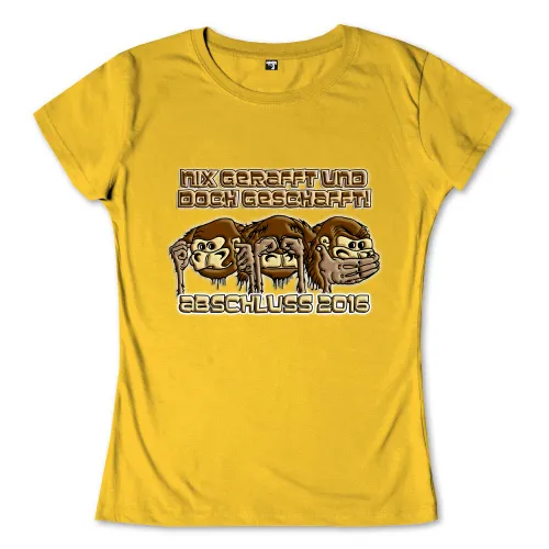 Illustration von drei Affen, die die Gesten "Nichts sehen, nichts hören, nichts sagen" machen, auf gelbem Hintergrund.