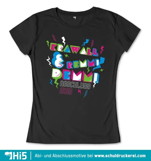 Buntes Design mit Worten "Crawl & Remmi Demmi Abschluss 2015" in lebhaften Farben auf schwarzem Hintergrund.