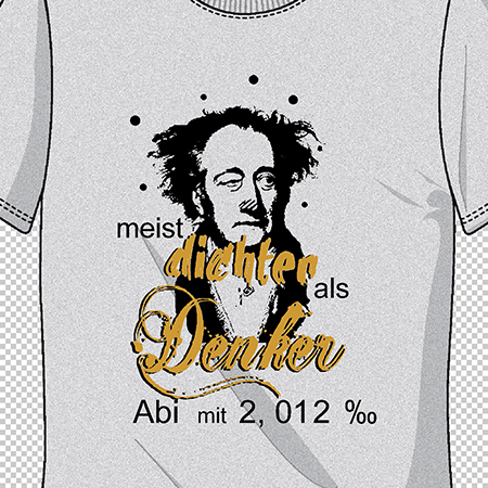 Graues T-Shirt mit grafischem Aufdruck eines Porträts und Text "meister dichter als Denker Abi mit 2,012 %".