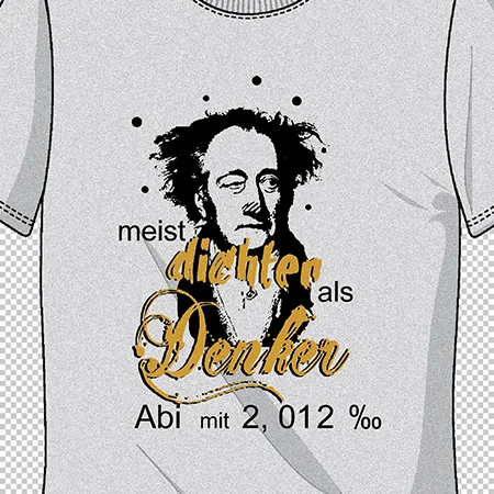 Graues T-Shirt mit grafischem Aufdruck eines Porträts und Text "meister dichter als Denker Abi mit 2,012 %".