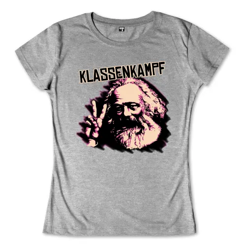 Grafische Darstellung von Karl Marx, der das Victory-Zeichen zeigt, mit dem Wort "Klassenkampf" oben.