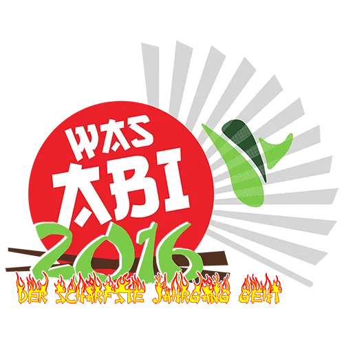Rotes Logo mit Text 'Abi 2016' und 'der schärfste Jahrgang geht', weißer Fächer und Flammen auf blauem Grund.