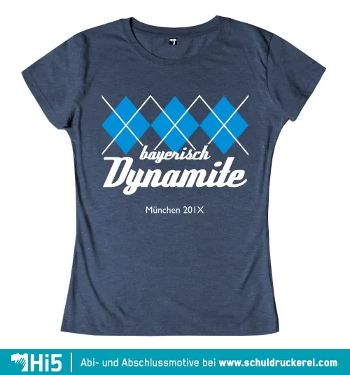 Grafik auf einem T-Shirt mit blauen Rauten, der Aufschrift 'bayerisch Dynamite' und 'München 201X'.