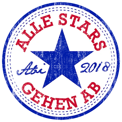 Rundes Logo mit einem großen blauen Stern und dem Text "All Stars gehen ab Ati 2018" auf weißem, texturiertem Hintergrund.
