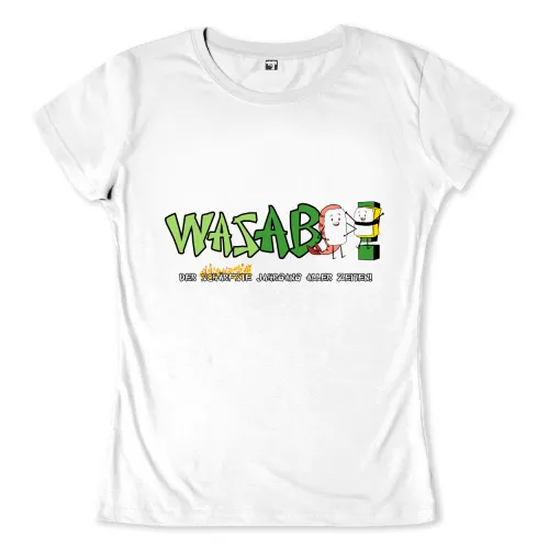 Schriftzug "WASABI" in Grün, neben einer weinenden Reisschale und einer lachenden Sushifigur.