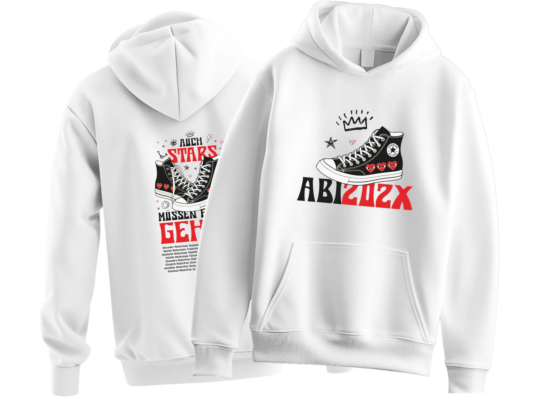 Front and back view of white hoodies with black high top sneaker graphic red hearts stars crown and text ABI202X and German slogan