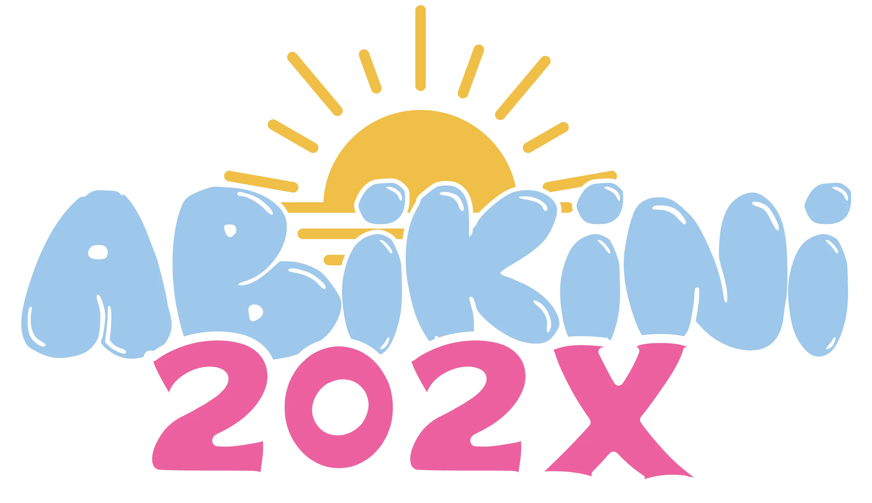 Abikini 202X Schriftzug in hellblau und pink vor gelber Sonne mit Strahlen