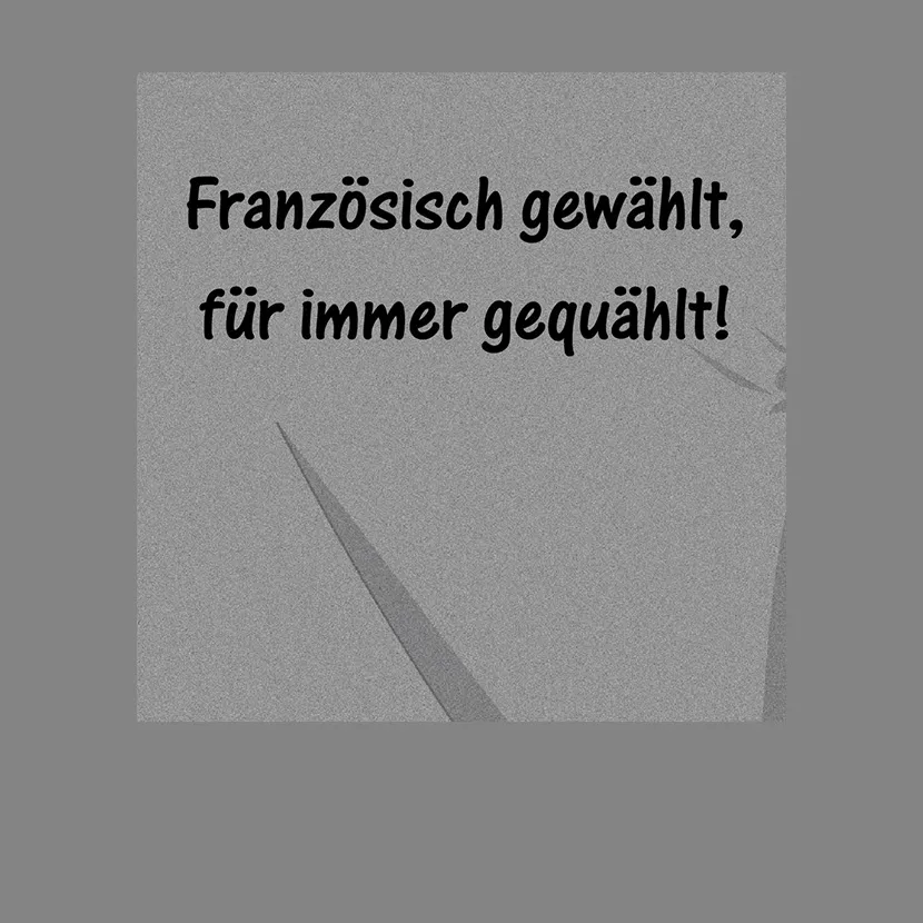 Graues Bild mit dem Text "Französisch gewählt, für immer gequält!" in schwarzer Schrift.