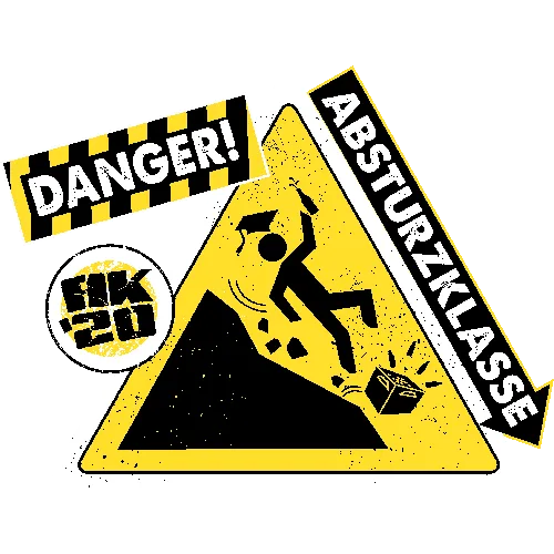 Gelbes Warnschild 'DANGER' mit Symbol für Absturzgefahr und Text 'ABSTURZKLASSE'.