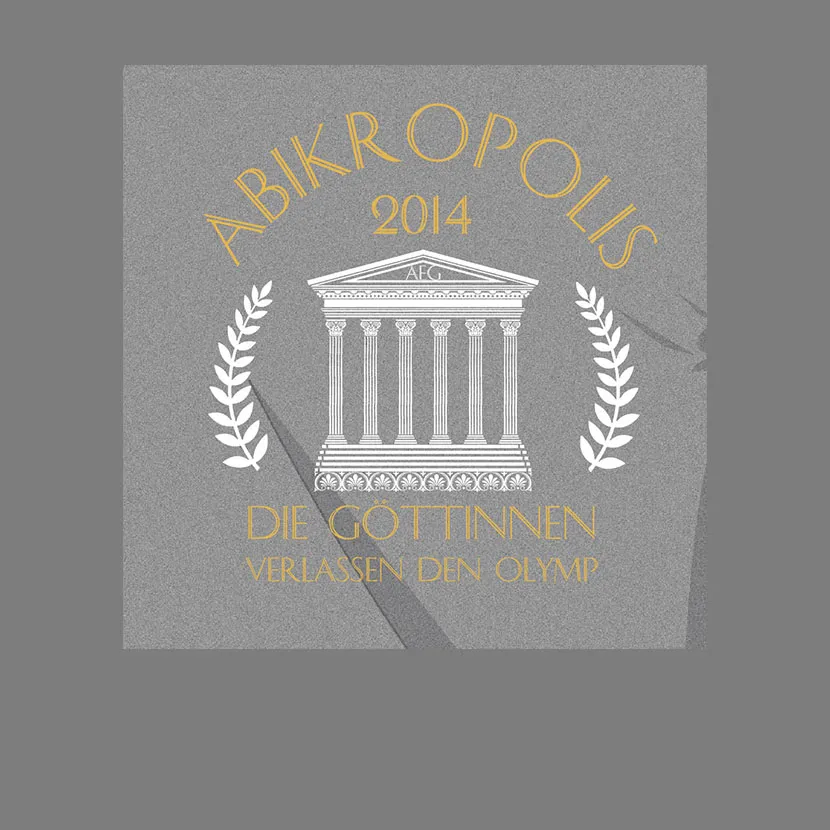 Grafik mit Tempel und Text "ABIKROPOLIS 2014 - DIE GÖTTINNEN VERLASSEN DEN OLYMP" auf grauem Hintergrund.
