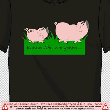 Ein schwarzes T-Shirt mit einem Cartoon von zwei Schweinen auf Gras und dem Text "Komm Abi, wir gehen ...".
