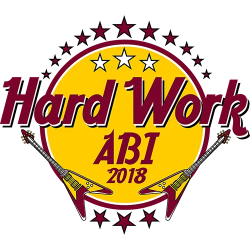 Logo mit Text "Hard Work ABI 2018", umgeben von Sternen und zwei gekreuzten Schwertern auf grünem Hintergrund.