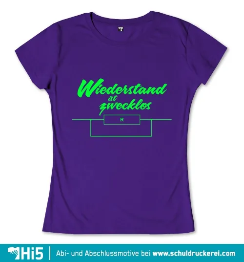 Grüner Schriftzug „Widerstand ist zwecklos“ auf lila Hintergrund, darunter ein einfaches Schaltbild mit einem Widerstand.
