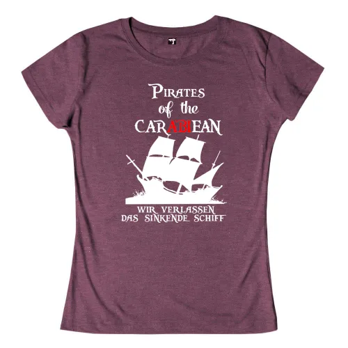 Grafik eines Segelschiffs mit dem Text "Pirates of the Carabian - Wir verlassen das sinkende Schiff" auf lila Hintergrund.