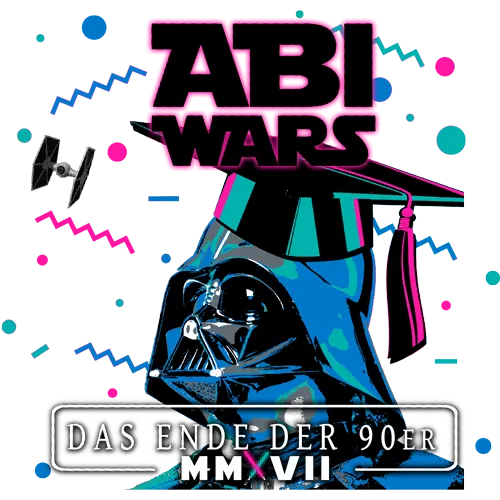Grafik von Darth Vader mit Absolventenhut, "ABI WARS" und "DAS ENDE DER 90er MMVII" Text, auf dunklem Hintergrund.