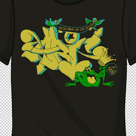 Schwarzes T-Shirt mit einem großen, gelben Graffiti-Design und einem grünen Frosch darauf.