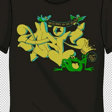 Schwarzes T-Shirt mit einem großen, gelben Graffiti-Design und einem grünen Frosch darauf.