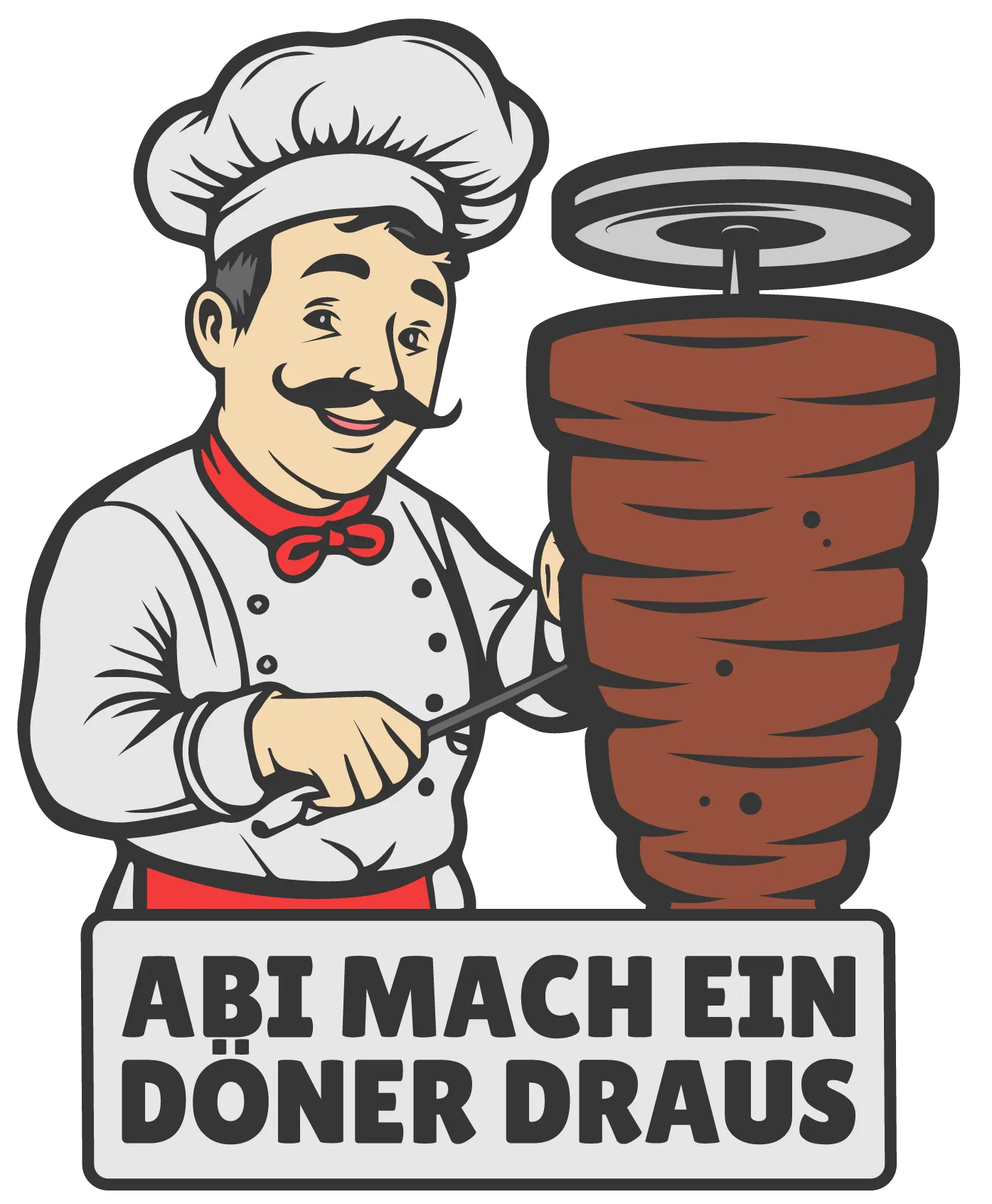 Cartoonkoch mit weisser Kochmuetze schneidet Fleisch an einem vertikalen Doenerspiess nebst Schriftzug ABI MACH EIN DOENER DRAUS