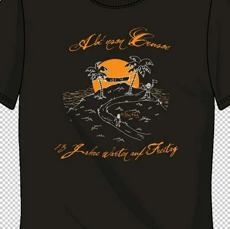 Dunkles T-Shirt mit orangefarbenem Aufdruck von Palmen, einer Brücke und dem Text "Ab vom Ermse".