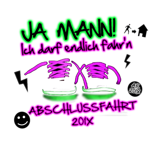 Schwarzes Bild mit neonfarbenen Schriftzügen und Symbolen, darunter Schuhe, Blitze und ein Smiley.
