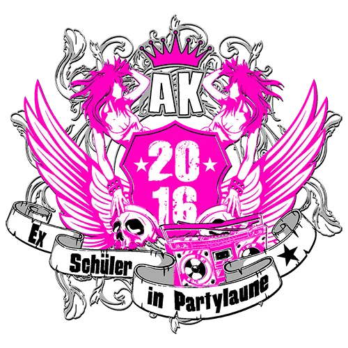 Grafik mit der Aufschrift "AK 20 16 Ex Schüler in Partylaune", umgeben von Flügeln und Sternen auf grauem Hintergrund.