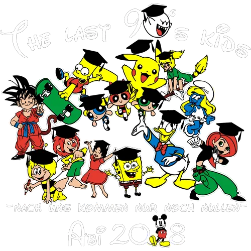 Gruppe von Cartoon-Charakteren auf blauem Hintergrund mit Text "The Last 90's Kids" und "Abi 2018".