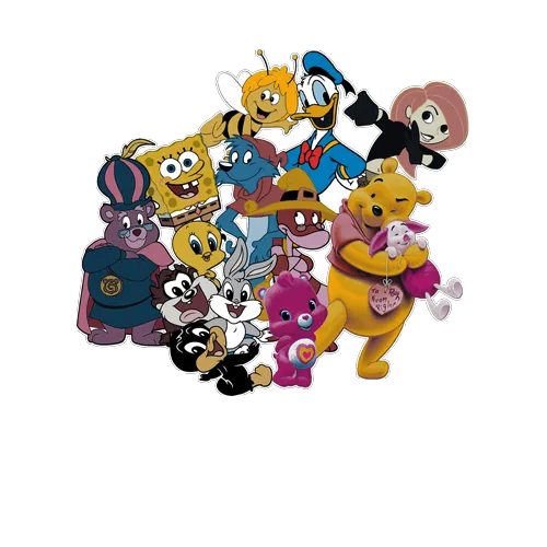 Gruppe von bunten Zeichentrickfiguren aus den 90ern auf blauem Hintergrund.