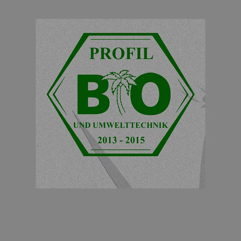 Grünes Hexagon-Logo mit Beschriftung "PROFIL BO UND UMWELTTECHNIK 2013 - 2015" und Palmenbild.