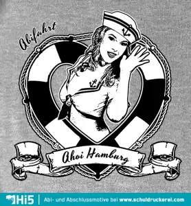 Pin-up-Frau mit Matrosenhut in einem Rettungsring, Text "Ahoi Hamburg" darunter.
