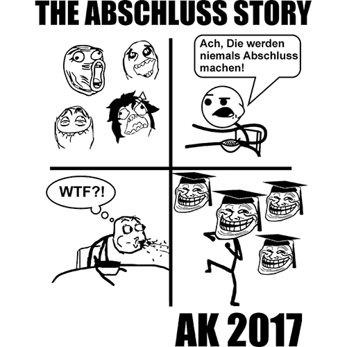 Comic-Panel in Schwarz-Weiß mit Trollface, graduierenden Charakteren und Sprechblasen.
