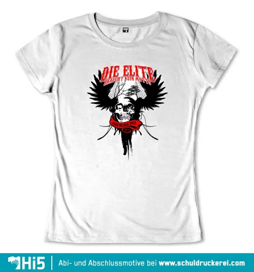 Graues T-Shirt mit einem Totenkopf, umgeben von Flügeln, und dem Text "Die Elite braucht kein Motto" und "Abschluss 2012".
