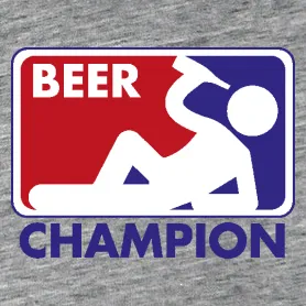 Ein Schild mit einem Piktogramm einer sich neigenden Person, geteilt in rote und blaue Bereiche, beschriftet mit "BEER CHAMPION".