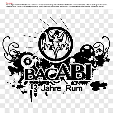 Grafik für Rumetikett mit Text 'BACABI', '13 Jahre' und floralen Mustern.