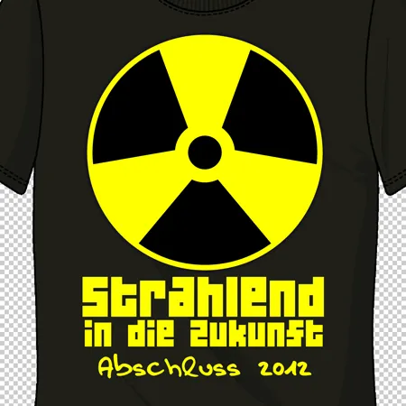 t-shirt_design_radioactive_symbol_and_text Schwarzes T-Shirt mit einem gelben radioaktiven Symbol und dem Text "Strahlend in die Zukunft Abschluss 2012".