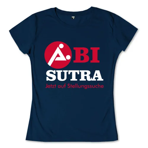 Rotes Logo mit weißem Dreieck und Punkt, Text 'ABI SUTRA Jetzt auf Stellungssuche' auf dunkelblauem Hintergrund.