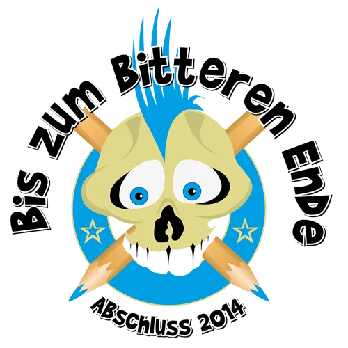 Buntes Abschluss-Shirt-Design mit Cartoon-Schädel, Bleistiften, Sternen und Text "Bis zum Bitteren Ende, Abschluss 2014".