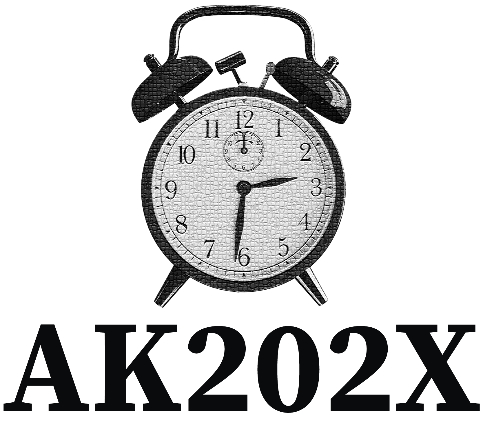 Schwarzer Hintergrund mit retro Wecker Zifferblatt zeigt 3 Uhr 30 Minuten darunter Schriftzug AK202X