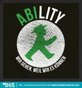 Grüner, gehender Mensch in einem weißen Kreis mit dem Wort "ABILITY" oben und einem Slogan unten.