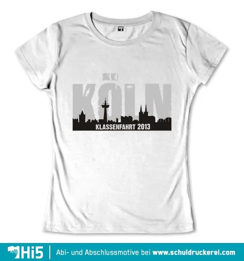 Silhouette der Stadt Köln mit Dom und Fernsehturm, Text "KÖLN KLASSENFAHRT 2013"