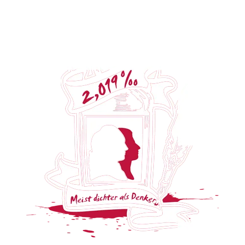 Illustration einer Flasche mit einem Etikett und einer daneben liegenden Feder auf blauem Hintergrund.