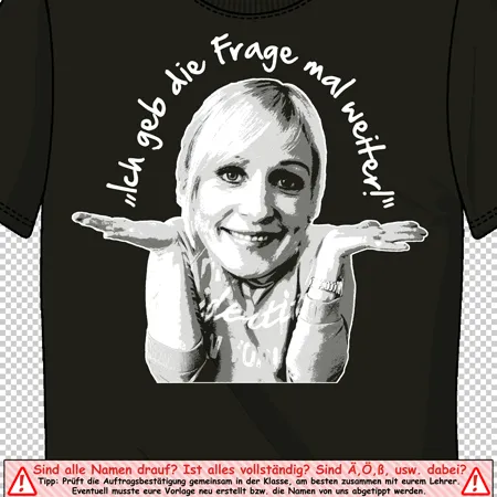 Schwarzes T-Shirt mit einem schwarz-weißen Porträt einer lächelnden Person, die die Arme ausbreitet. Text: "Ich gebe die Frage mal weiter!"