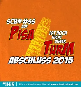Orangefarbener Hintergrund mit Text und einer geneigten Turmillustration, Text bezieht sich auf Schulabschluss 2015.