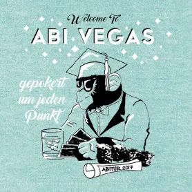Illustration eines Affen als Absolvent mit Karten und Chips, "Welcome to ABIT Vegas" Text.