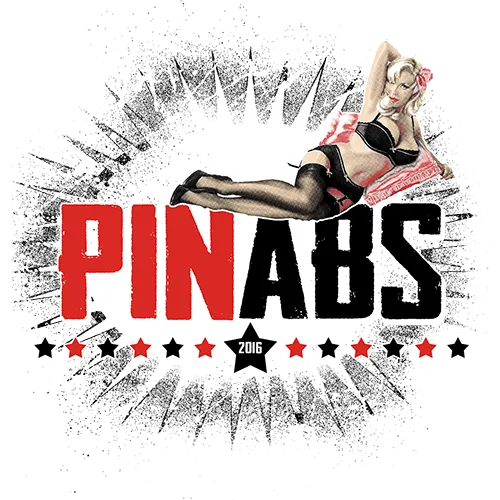 Stilisiertes Bild einer blonden Pin-up-Dame auf schwarzem Hintergrund, umgeben von Explosionseffekt und dem Text 'PINABS 2016'.