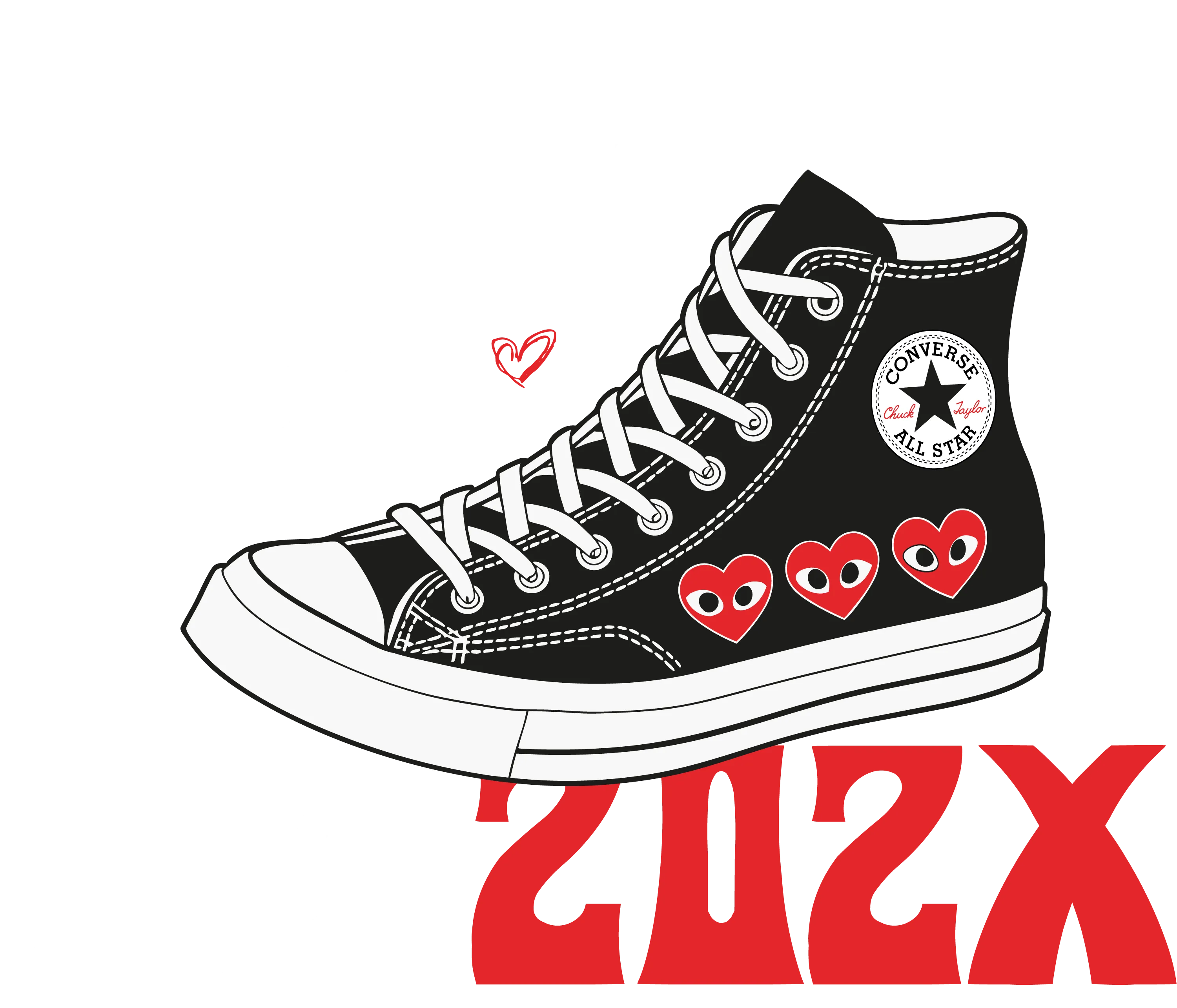Schwarzweißer High Top Schuh mit weißer Sohle und Schnürung Converse All Star Logo drei rote Herzmotive mit Augen weiße Krone und Stern Text ABIZOZX