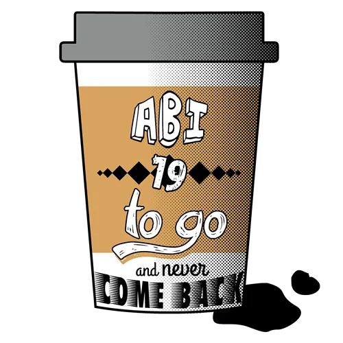 Kaffeebecher mit dem Text "ABI 19 to go and never come back" auf einem lila Hintergrund.
