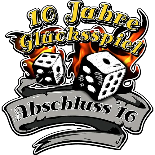 Grafik mit zwei Würfeln in Flammen und Text "10 Jahre Glücksspiel Abschluss T6".