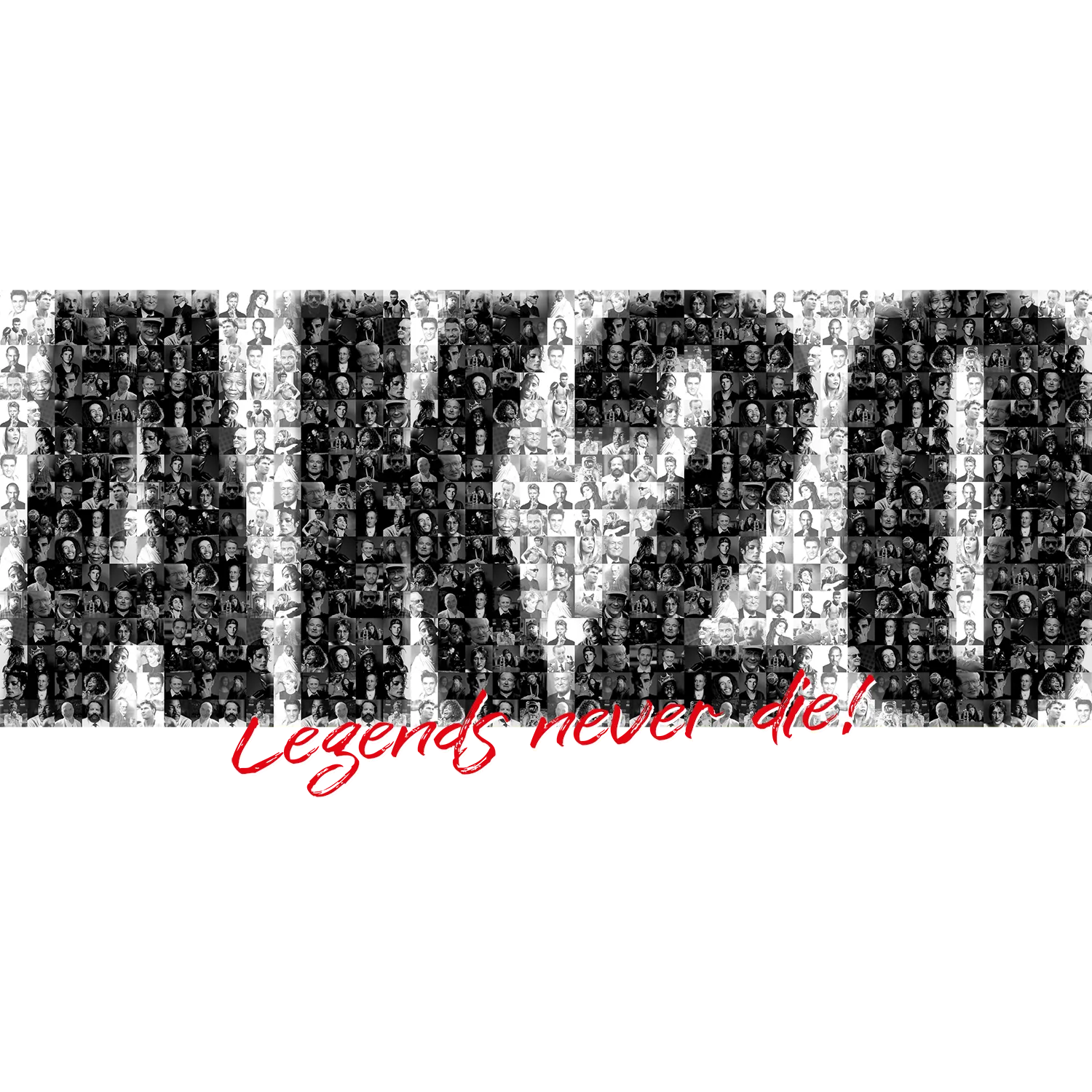 Schwarz-weiß Mosaik aus vielen kleinen Fotos formt die Buchstaben "AK47" und den Schriftzug "Legends never die!" in Rot.