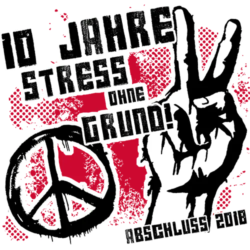 Hand zeigt Peace-Zeichen auf grauem Hintergrund mit Text "10 Jahre Stress ohne Grund!" und Datum 2018.